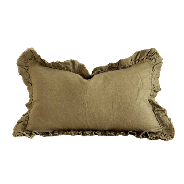 12" x 20" Hallie Ruffled Linen Cushion – Olive