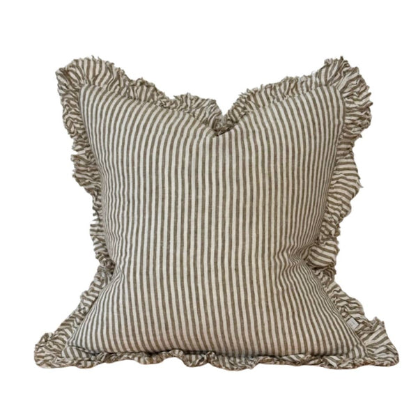 21" Hallie Ruffled Linen Cushion – Olive Stripe
