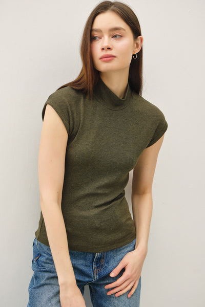 Ribbed Cap Sleeve Mockneck Basic Top