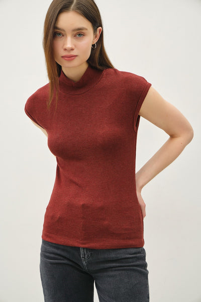 Ribbed Cap Sleeve Mockneck Basic Top
