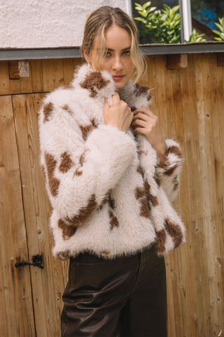 Faux Fur Cow Print Cropped Jacket