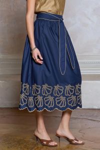 Contrast Embroidered A-Line Midi Skirt W/Waist Bow Tie
