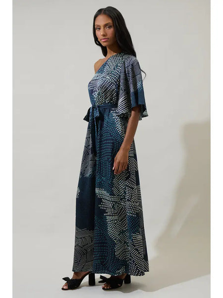 Kirby Geometric Meara One Shoulder Satin Maxi Dress