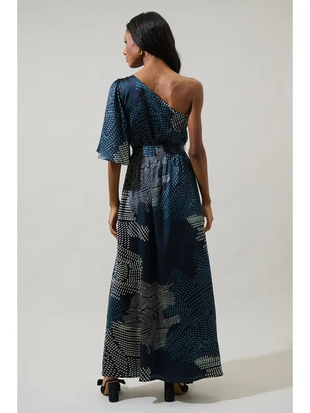 Kirby Geometric Meara One Shoulder Satin Maxi Dress
