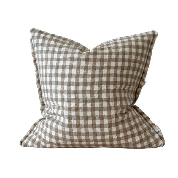 18" Esmee Frayed Edge Linen Cushion – Light Brown Gingham