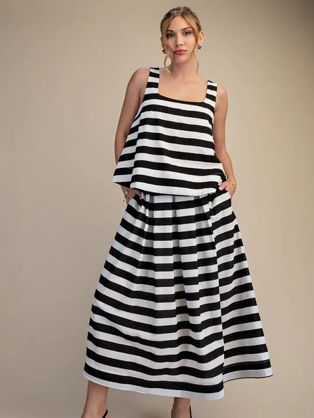 Full Stripe Pleated Midi Skirt