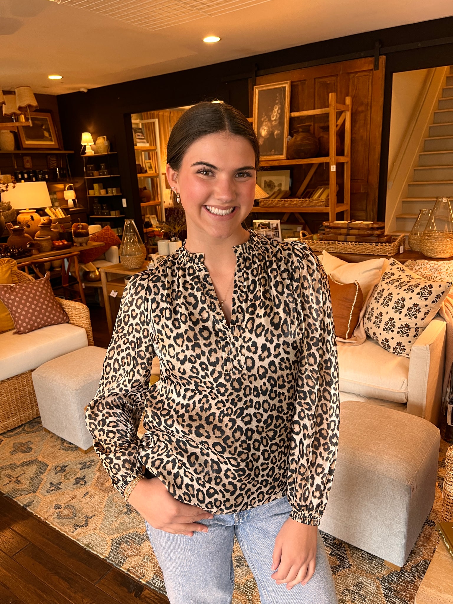 Ruffled Split Neck LSLV Top