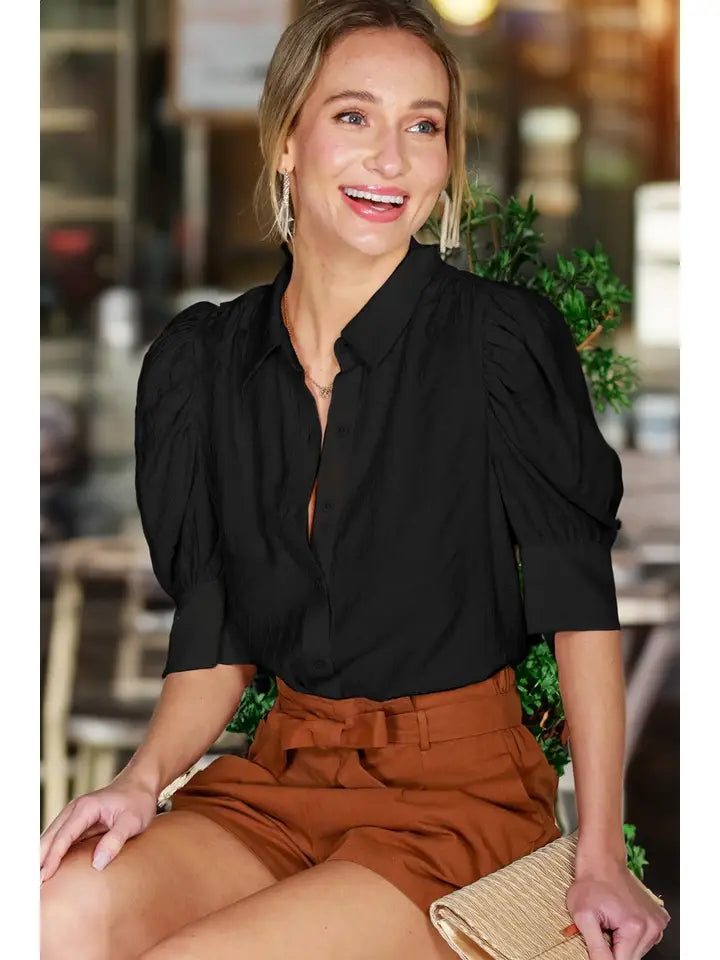 Collared Neckline Puff Short-Sleeve Blouse Top