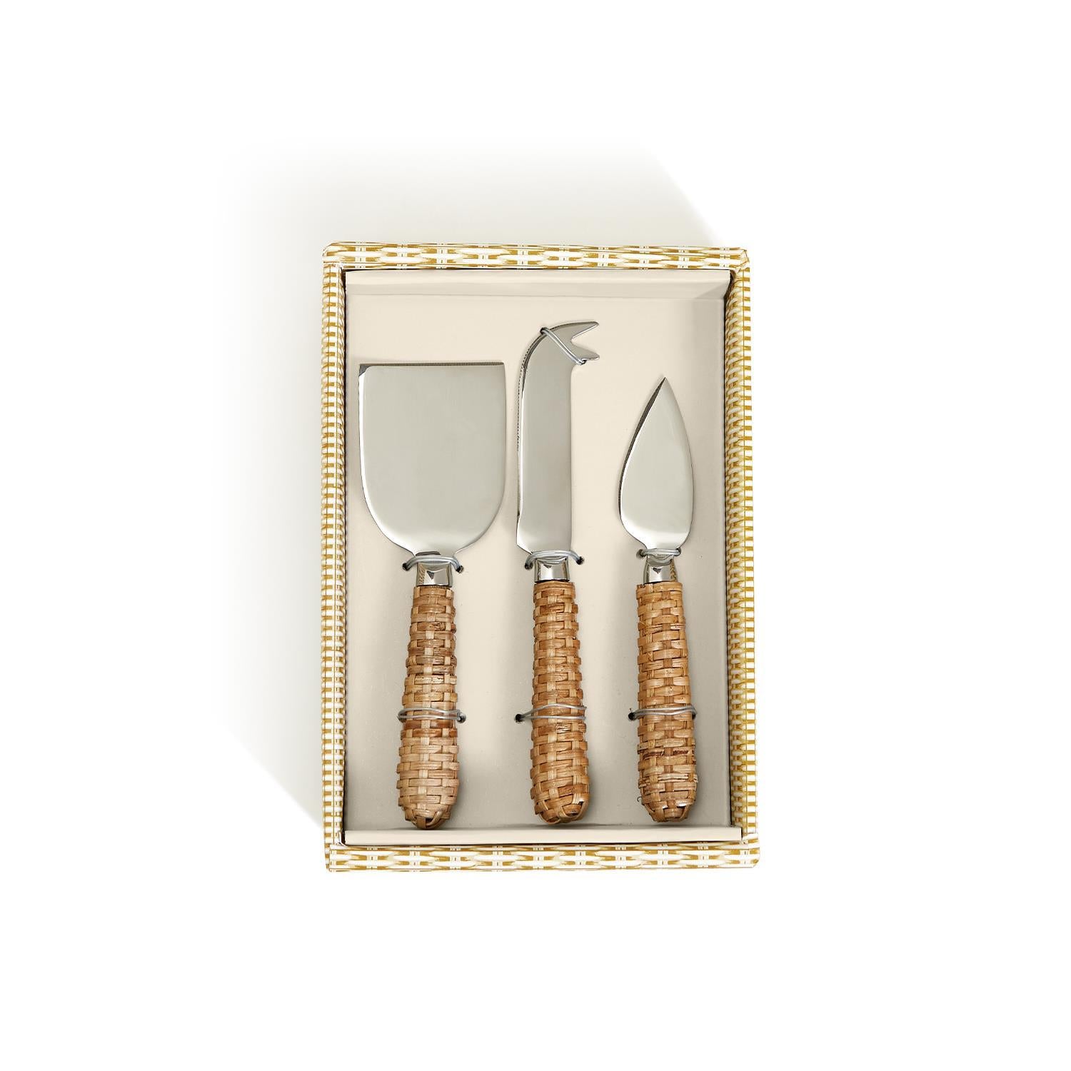 Wicker Weave S/3 Cheese Knives in Gift Box