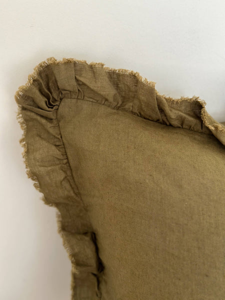 21" Hallie Ruffled Linen Cushion Cover – Olive