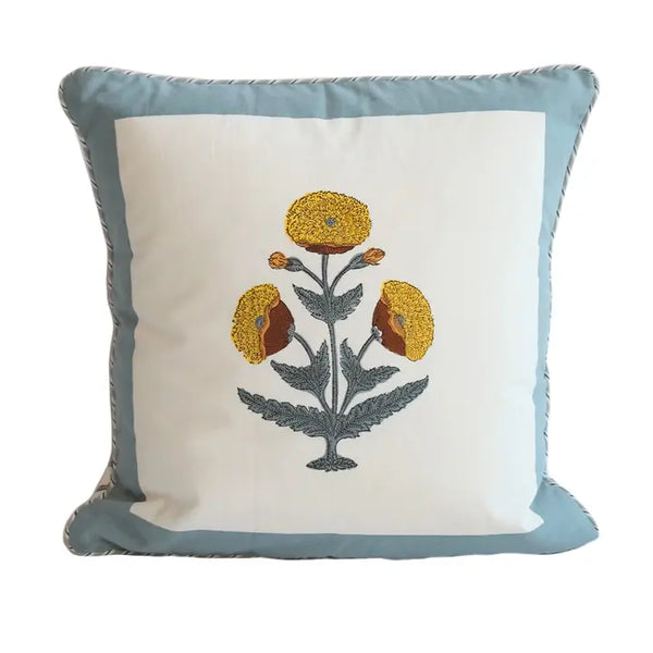 Blue Poppy Blockprint Pillow and Cover