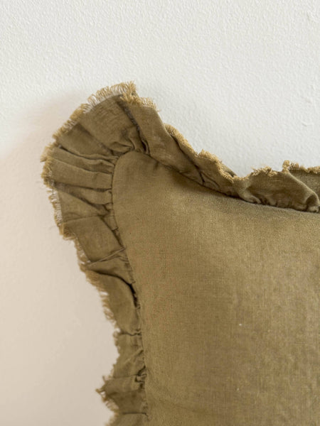 12" x 20" Hallie Ruffled Linen Cushion – Olive