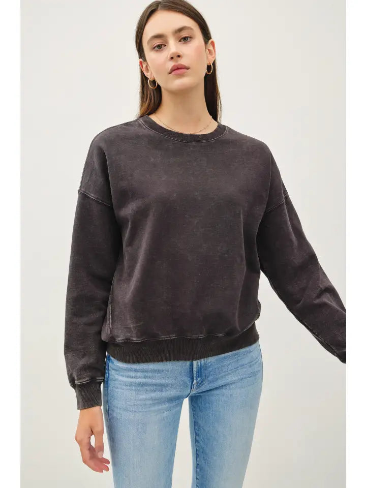 Cropped Acid Wash Crew Sweatshirt