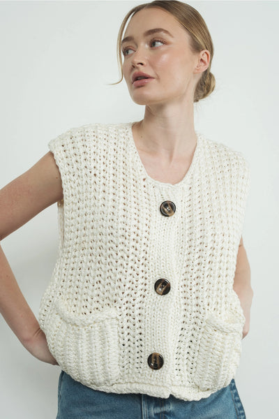 Chunky Knit Cardigan Front Button Sweater Vest