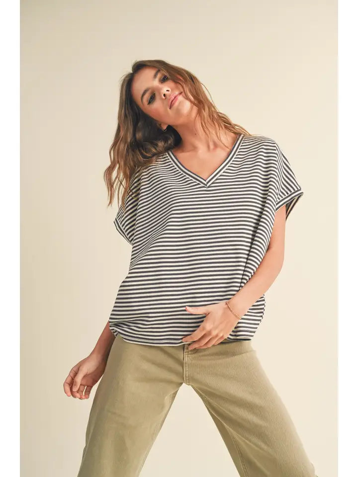 Striped Pattern Knitted Short Sleeve Top
