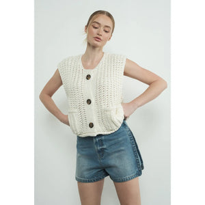 Chunky Knit Cardigan Front Button Sweater Vest