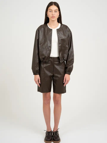 Crew Neck Faux Leather Jacket w/ Elastic Hem