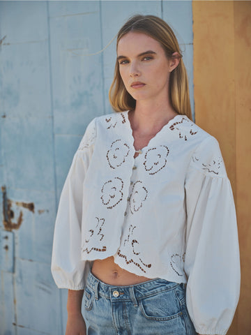 Denim Embroidery Volume Sleeve Blouse Top