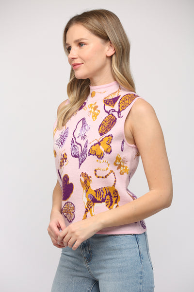 Jacquard Mock Neck Sleeveless Sweater Top