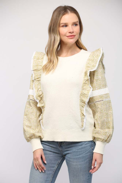 CONTRAST WOVEN PUFF SLV SWEATER