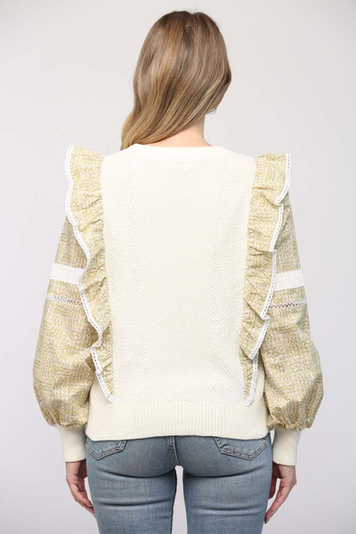 CONTRAST WOVEN PUFF SLV SWEATER