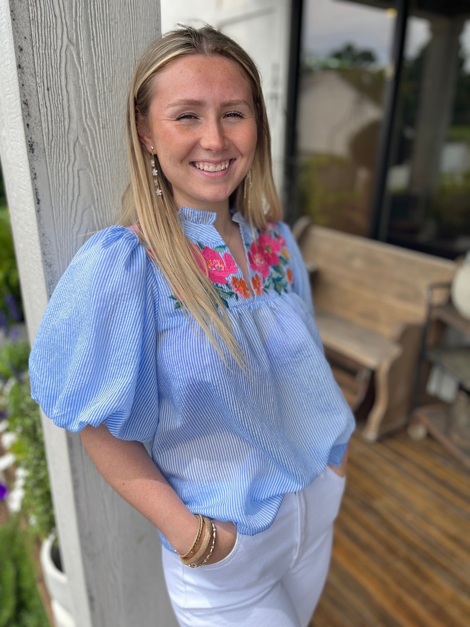 Blue Floral Embroidered Blouse