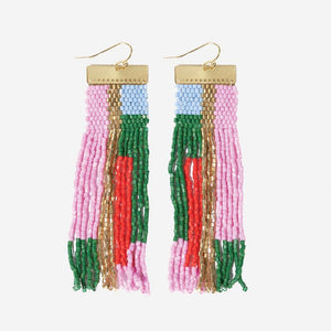 Mckenzie brass bar long fringe earrings pink & olive