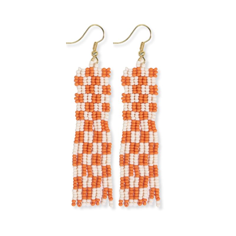 Harriet woven top gingham beaded fringe earrings orange