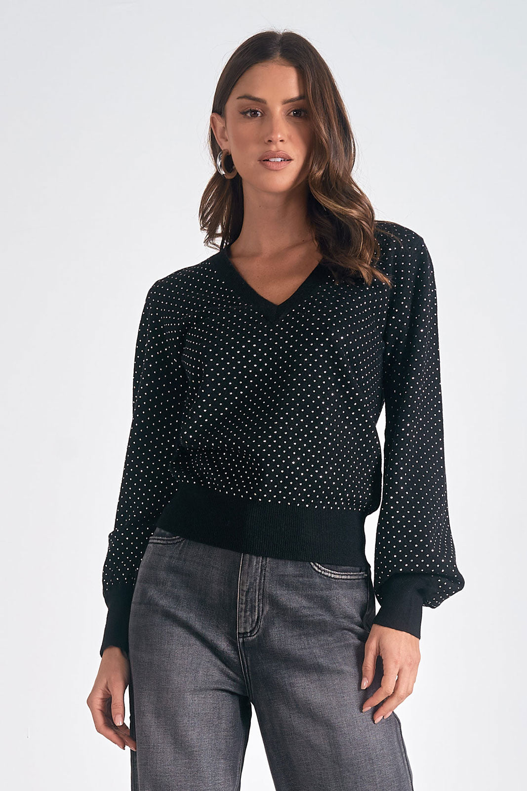 Black Sweater V-Neck W/ Rhinestones