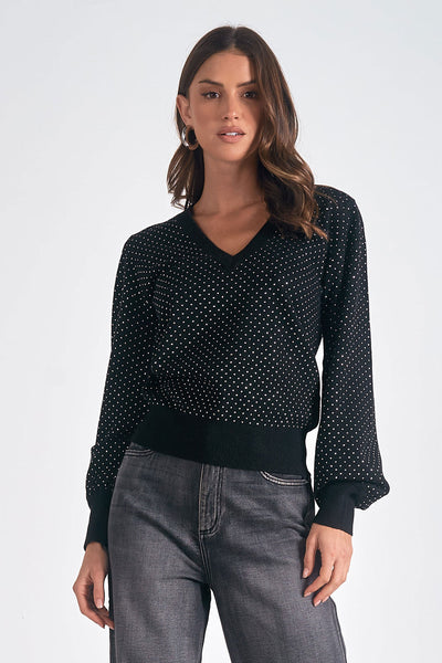 Black Sweater V-Neck W/ Rhinestones