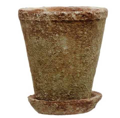 Distressed Cement Planter with Saucer, Small