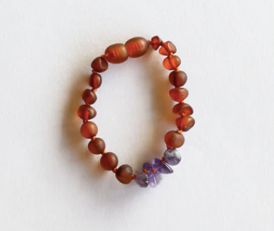 Raw Cognac Baltic Amber + Raw Amethyst- 5"