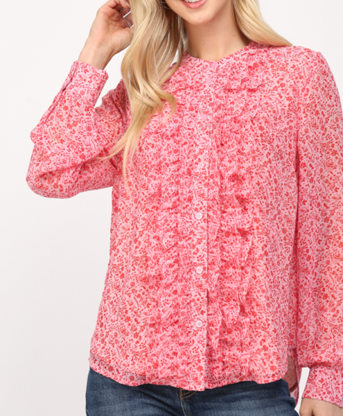 Ditsy Floral Print Ruffle Placket Blouse