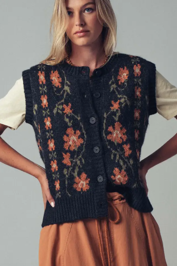 Floral Knit Button-Up Sweater Vest