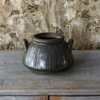 Aged Olive Dripped Glazed Pottery Kettle Vase