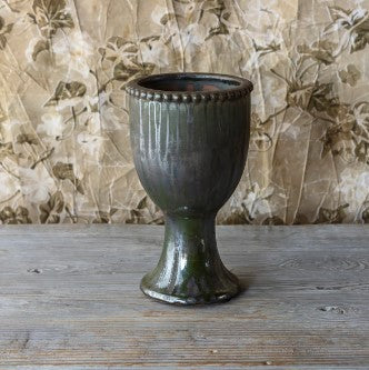 Aged Olive Dripped Glazed Pottery Beaded Tulip Vase Small