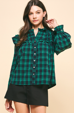 3/4 SLEEVES RUFFLE PLAID BLOUSE