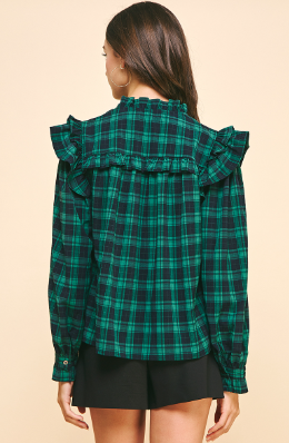 3/4 SLEEVES RUFFLE PLAID BLOUSE