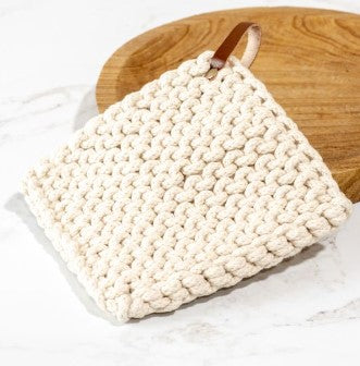 LEATHER STRAP CR KNIT POT HOLDER