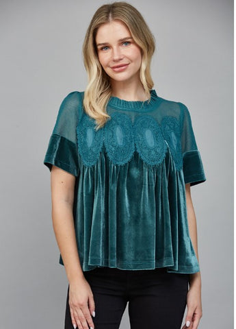 Lace Detail Velvet Babydoll Top