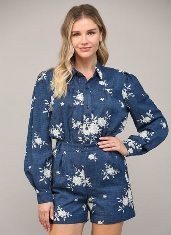 Embroidered Button Front Romper