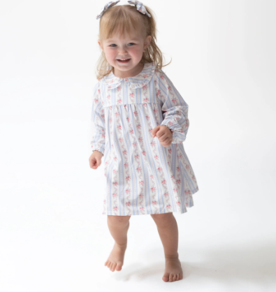 Anna Floral Stripe - Long Sleeve Peter Pan Ruffle Collar Dress And Bloomer