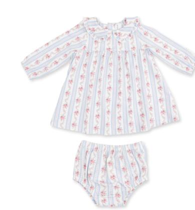 Anna Floral Stripe - Long Sleeve Peter Pan Ruffle Collar Dress And Bloomer