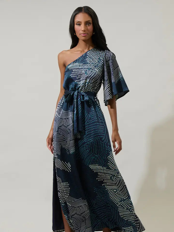 Kirby Geometric Meara One Shoulder Satin Maxi Dress