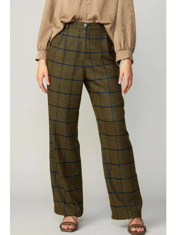 Check Pattern High Waist Wide Pants | Navy-olive