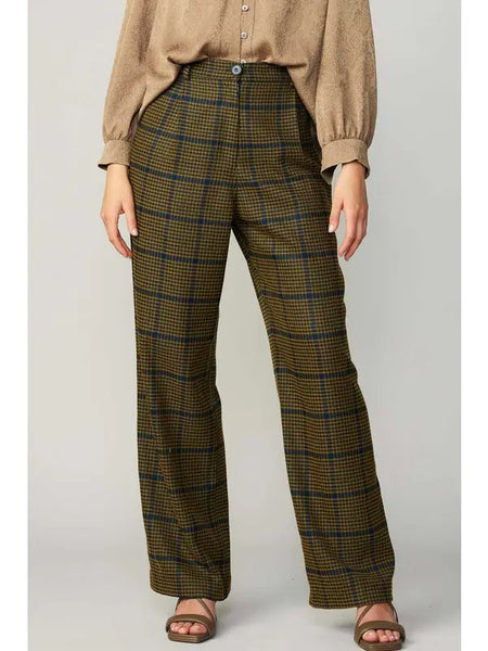 Check Pattern High Waist Wide Pants | Navy-olive