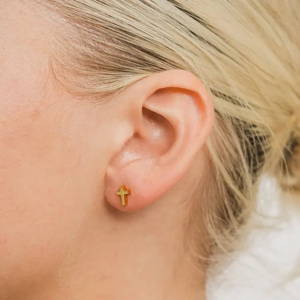 24K Gold Dainty Cross Studs