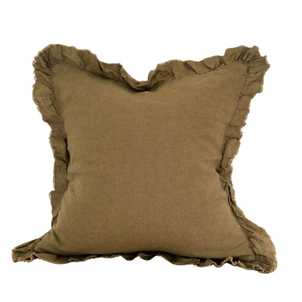 21" Hallie Ruffled Linen Cushion Cover – Olive