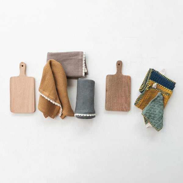 Cotton Waffle Weave Tea Towels w/ Cheese/Cutting Board, Set of 4