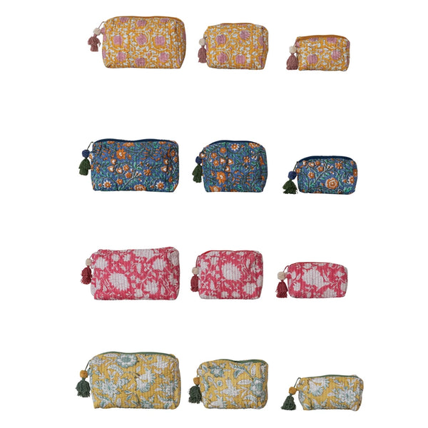 Quilted Cotton Voile Block Zip Pouches with Interior Lining, Set of 3